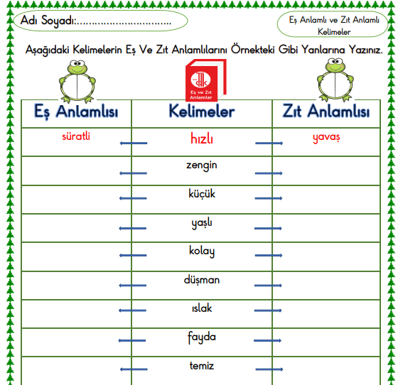 3. Sınıf Eş ve Zıt Anlamlı Kelimeler Çalışma Kağıdı