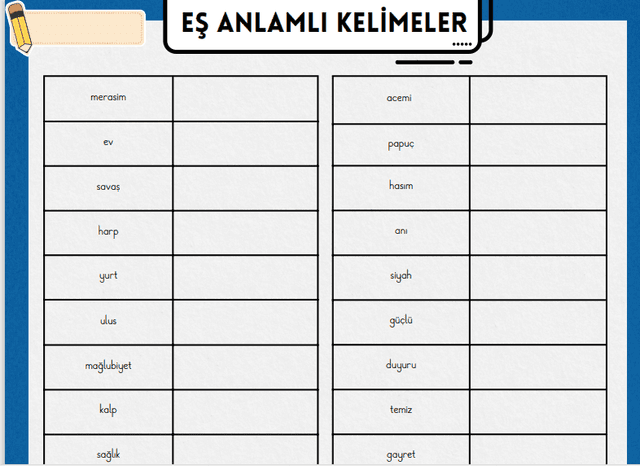 4. Sınıf Eş Anlamlı Kelimeler Çalışma Sayfası 