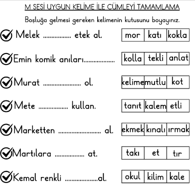 1. Sınıf M Sesi Cümle Tamamlama 