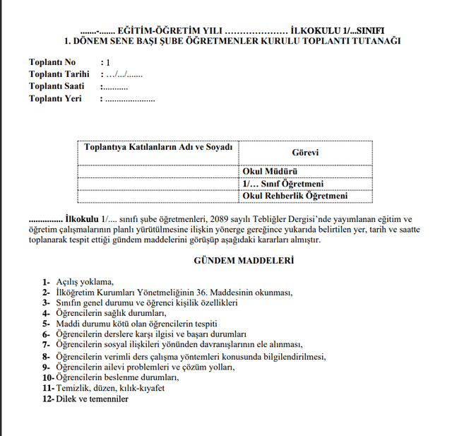 12. Sınıf Sene Başı Sök Tutanağı Örneği