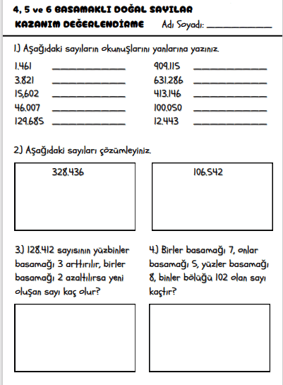 4,5 ve 6 Basamaklı Doğal Sayılar Kazanım Değerlendirme Sınavı