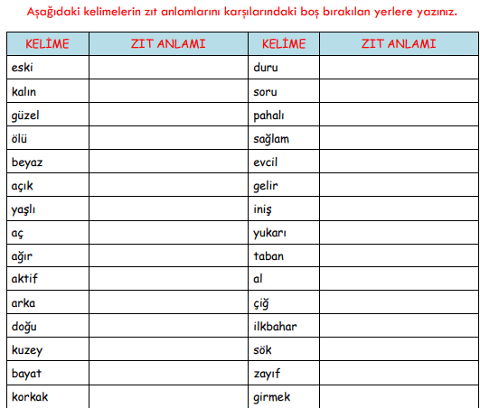 3. Sınıf Türkçe Zıt Anlamlı Kelimeler Çalışma Sayfası 