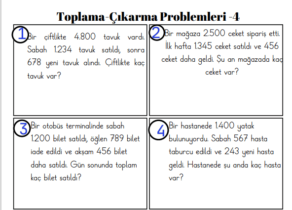 4. Sınıf Toplama Çıkarma İşlemi Problemleri