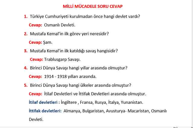 4.Sınıf Milli Mücadele Soru Cevap 