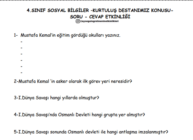 4. Sınıf Kurtuluş Destanımız Soru-Cevap Etkinliği