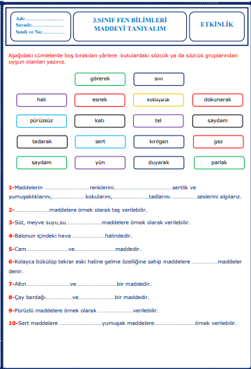 3. Sınıf Fen Bilimleri Maddeyi Tanıyalım Etkinliği