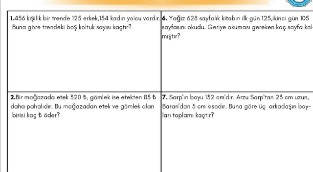 3. Sınıf Toplama Ve Çıkarma Problemleri 