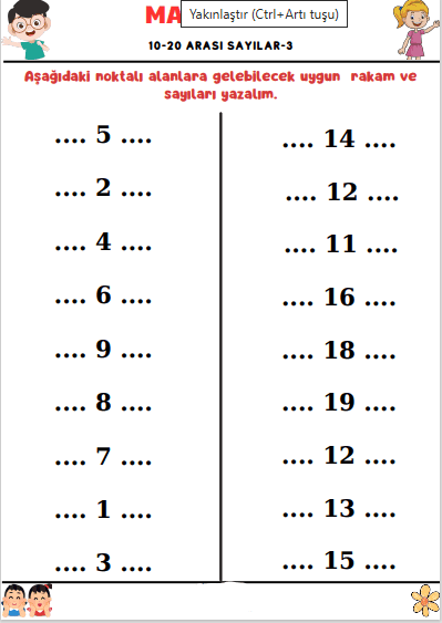 1. Sınıf Matematik 10 İle 20 Arasındaki Sayılar 