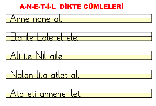 1. Sınıf ANETİL Dikte Cümleleri 