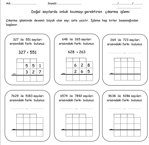 4. Sınıf Matematik Onluk Bozmayı Gerektiren Çıkarma İşlemleri