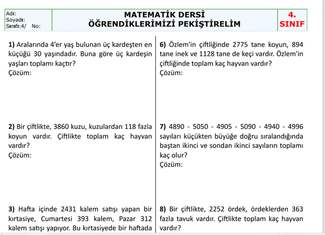 4. Sınıf Matematik Toplama İşlemi Problemleri 1