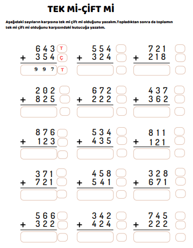 3. Sınıf Matematik Tek-Çift Doğal Sayılarla Toplama 