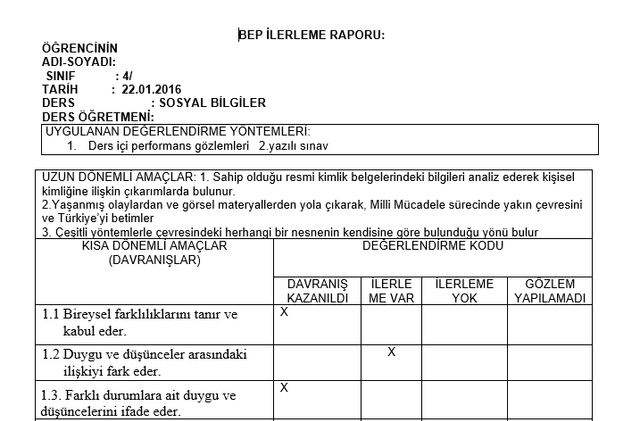 4. Sınıf Bep İlerleme Raporu Doldurulmuş Örnek 