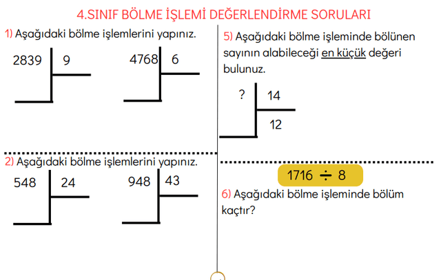 4.SINIF BÖLME İŞLEMİ DEĞERLENDİRME SORULARI