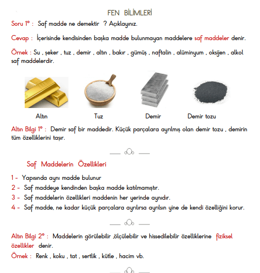 Saf Maddeler Ve Karışımlar Soru Cevap Çalışma Kâğıdı