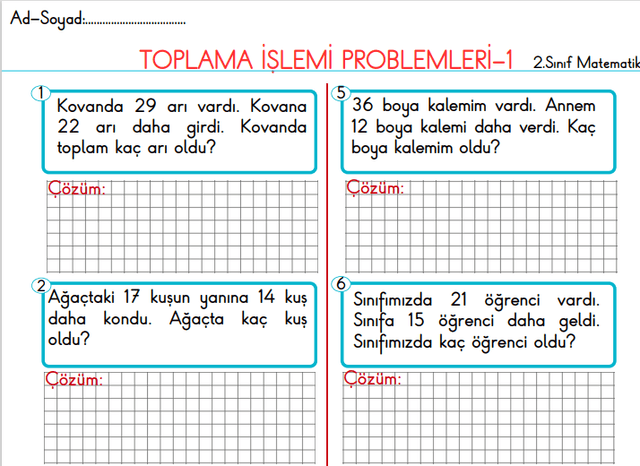 2.SINIF TOPLAMA İŞLEMİ PROBLEMLERİ