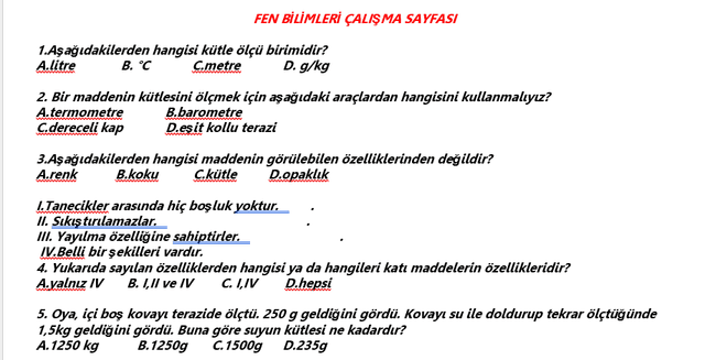 4. Sınıf Fen Bilimleri Maddenin Özellikleri Yazılıya Hazırlık Soruları